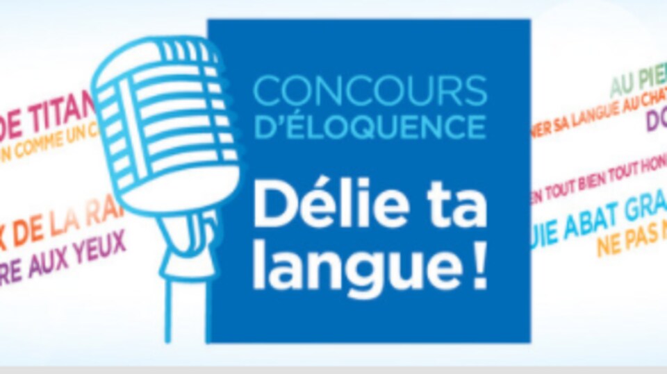 Le logo du concours d'éloquence « Délie ta langue » entouré de mots.