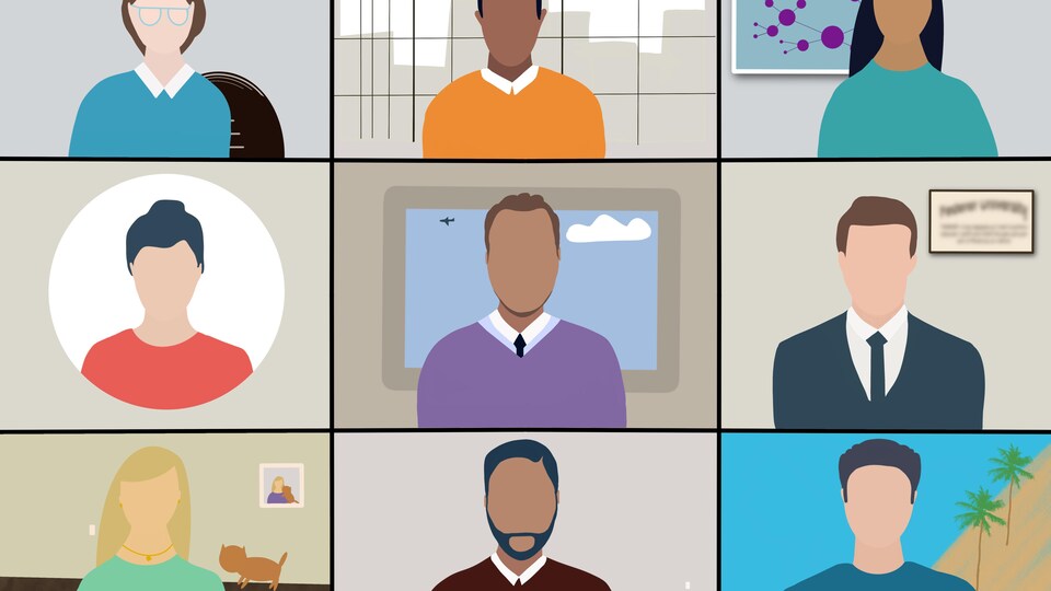 Illustration de 9 personnes connectées sur un logiciel de visioconférence.