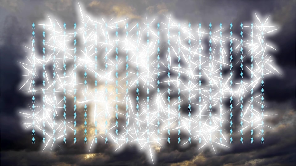 Illustration d'un groupe de personnes connectées où des éclairs émergent.