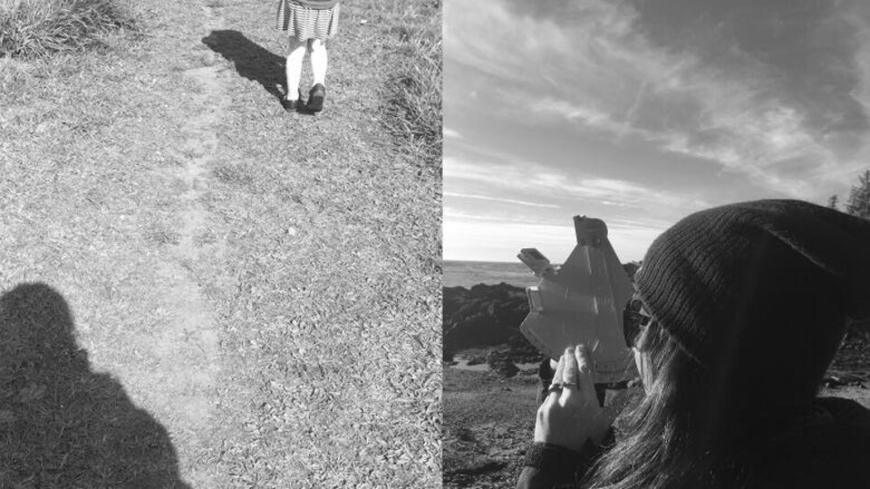 Une photo d'une femme qui marche et une photo d'une femme qui regarde à travers un théodolite.