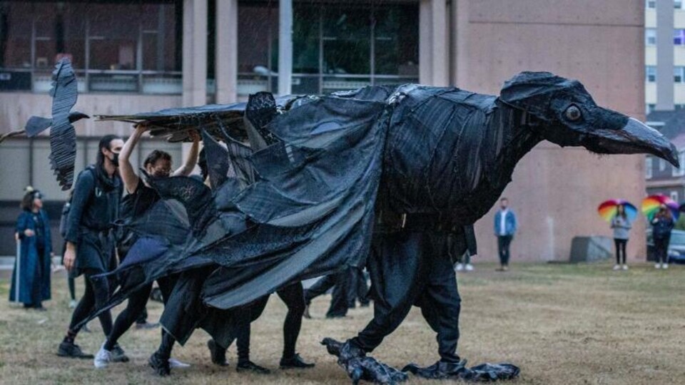 Une marionnette géante de corneille animée par quatre personnes marche sur un terrain vague.