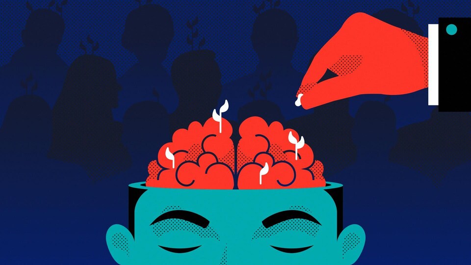 Illustration du concept de semer une idée dans la tête des gens, semer le doute. Un cerveau humain représenté comme un terreau fertile, dans lequel une main, suggérant celle de Q, sème une graine. On voit déjà des pousses, comme si d'autres idées s'étaient déjà implantées. En arrière-plan, plusieurs silhouettes humaines avec plusieurs pousses sur le dessus de leurs têtes.