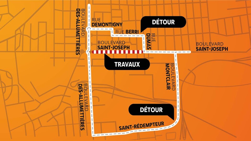 Selon cette carte, on peut faire un détour par la rue Dumas en passant par les rues Berrie puis Demontigny pour rejoindre le boulevard des Allumettières. On peut aussi passer par le boulevard Saint-Joseph, à l'est de la rue Dumas, pour rejoindre le boulevard Montclair puis Saint-Rédempteur afin de se rendre au boulevard des Allumetières.