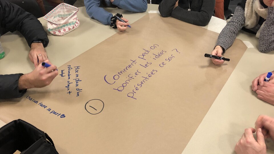 Des gens écrivent sur une grande feuille de papier collée à une table. 