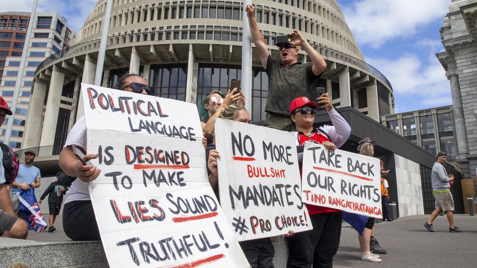 Des manifestants brandissent des pancartes devant le parlement néo-zélandais.