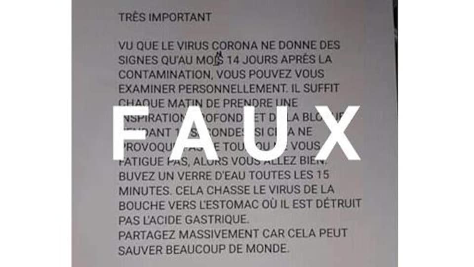 Une feuille où sont écrits des conseils sur le coronavirus. Le mot FAUX est écrit sur la publication.