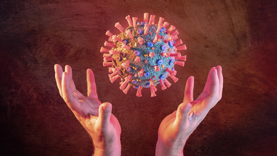 Illustration montrant le coronavirus dans les mains d'un homme.