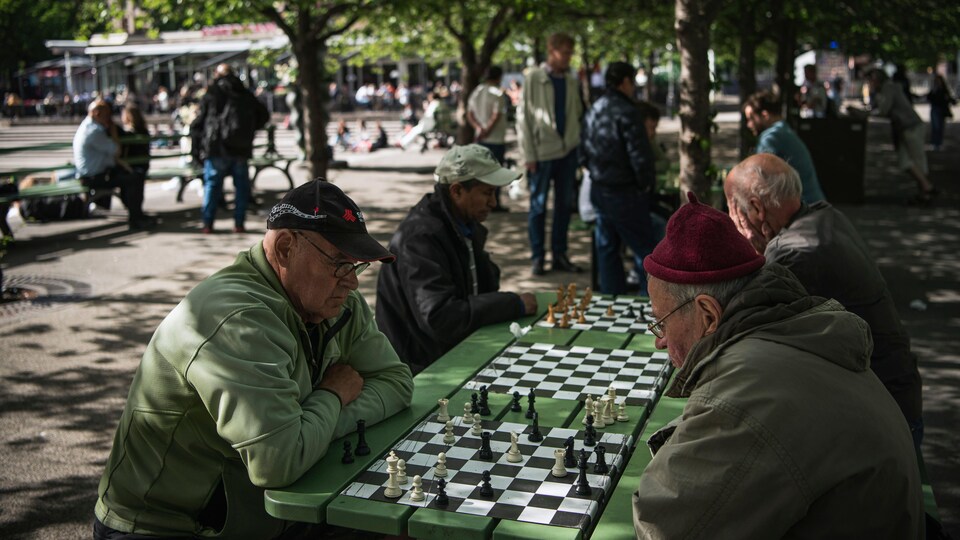 Des hommes jouent aux échecs dans un parc de Stockholm le 29 mai 2020, en pleine pandémie du coronavirus