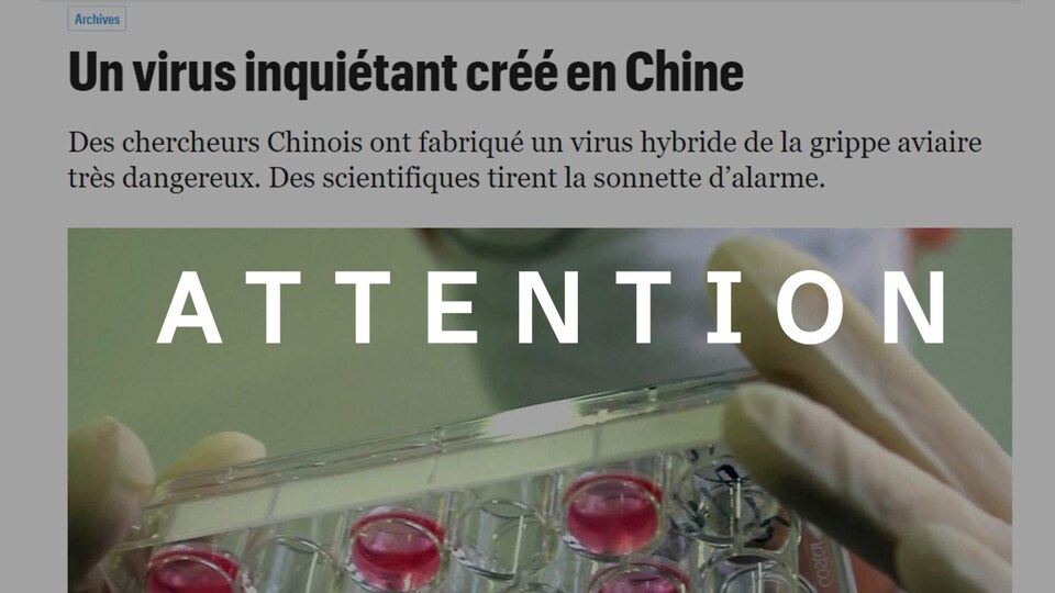 Capture d'écran d'un article publié en 2013 sur un virus créé en laboratoire alimente à tort les soupçons sur l’origine du nouveau coronavirus. Le terme "attention" y a été superposé.