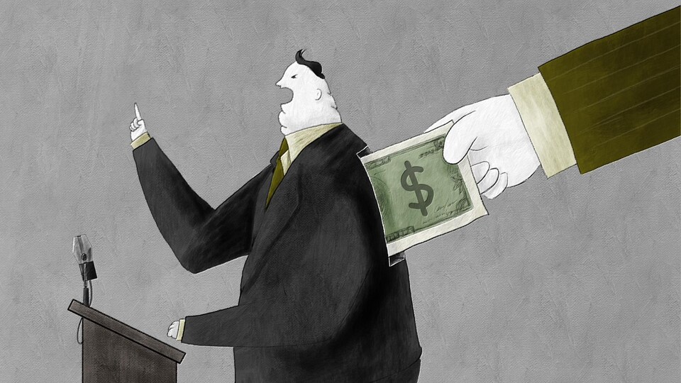 Illustration d'un politicien qui est aussi une tirelire : une main lui glisse un billet de banque dans le dos tandis qu'il prononce un discours.