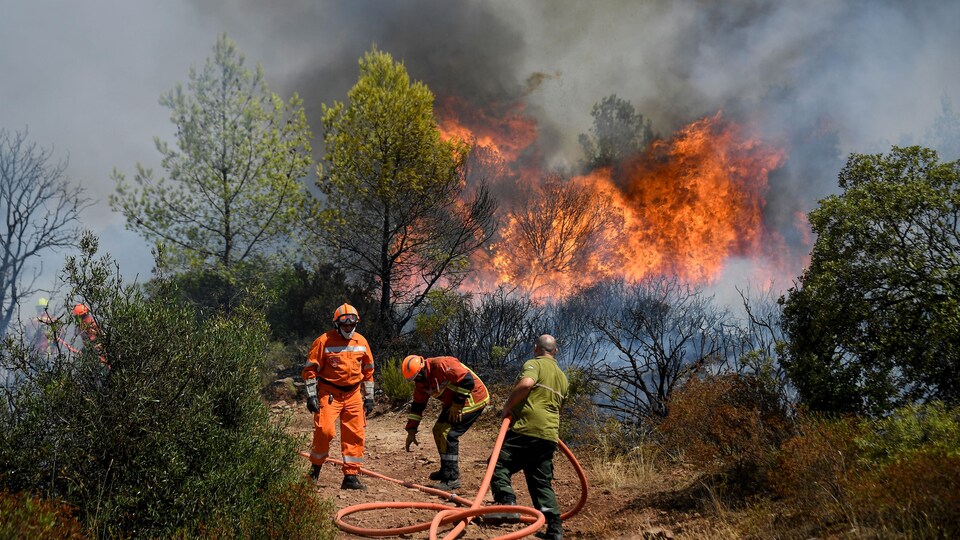 Des pompiers français utilisent un tuyau d'eau pour éteindre un feu de forêt.