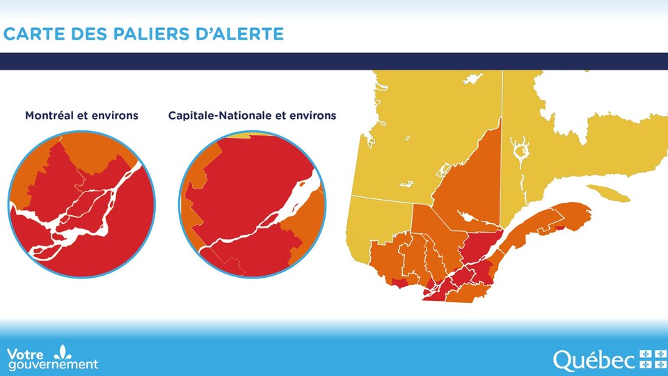 Une carte du Québec, principalement en orange et rouge, selon le niveau d'alerte COVID-19 des différentes régions.
