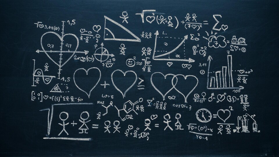 Une infographie montre sur un tableau noir des coeurs, des équations mathématiques et des bonhommes allumettes.