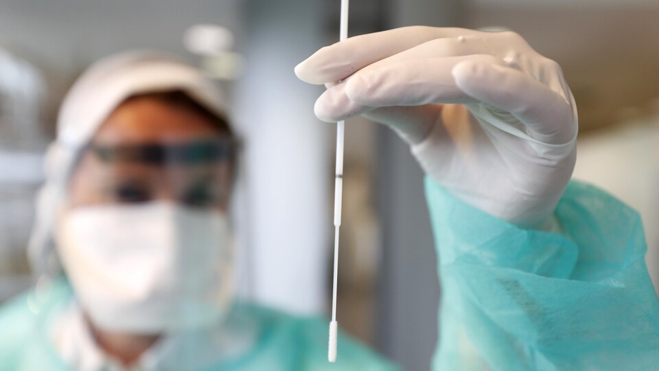 Une technicienne de laboratoire tient un écouvillon dans sa main.