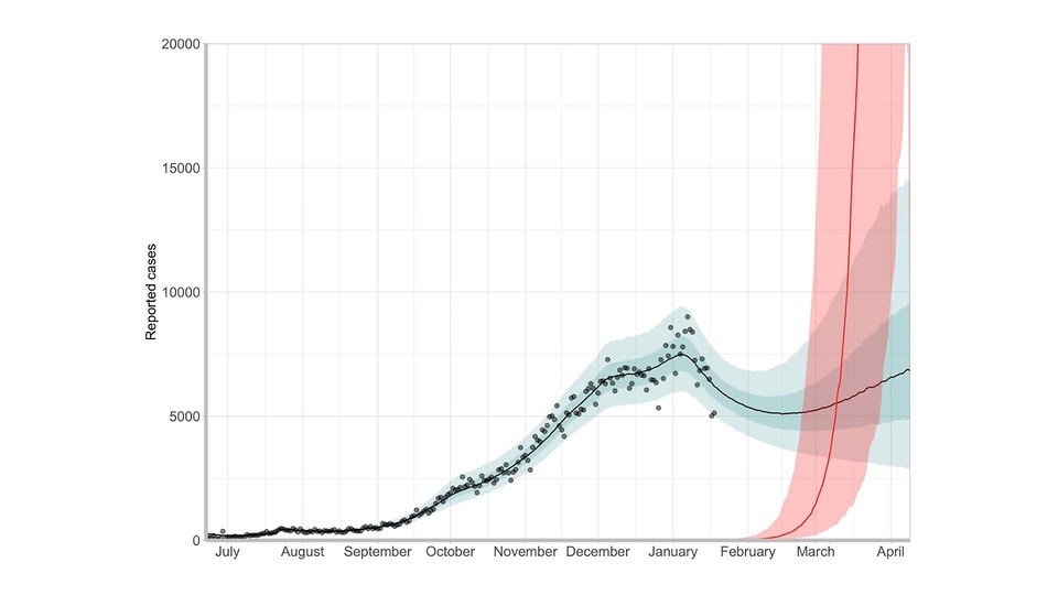 Un graphique montrant l'évolution du nombre de cas au Canada entre juillet 2020 et avril 2021. Il inclut une hausse prononcée du nombre de cas projetés à partir de février.