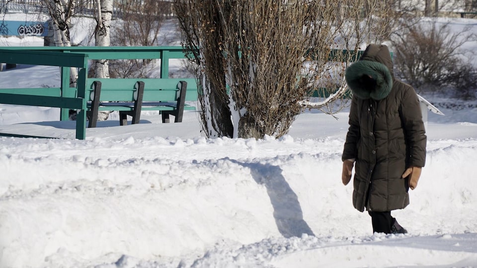 Une dame marche dans un parc en plein hiver.