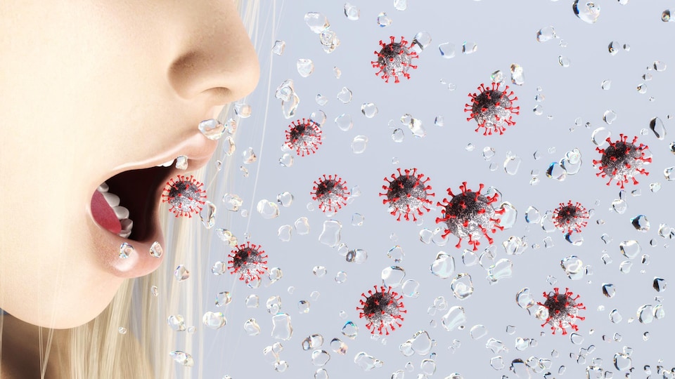 Des particules de virus qui sortent d'une bouche.