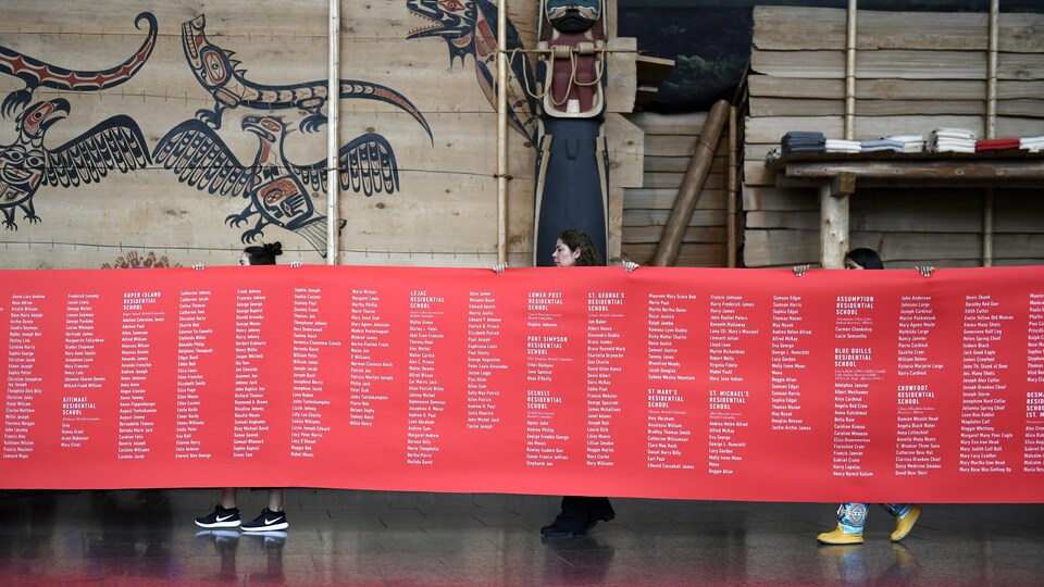 Une banderole avec des noms est portée par des femmes qui marchent devant des murales et un totem autochtones.