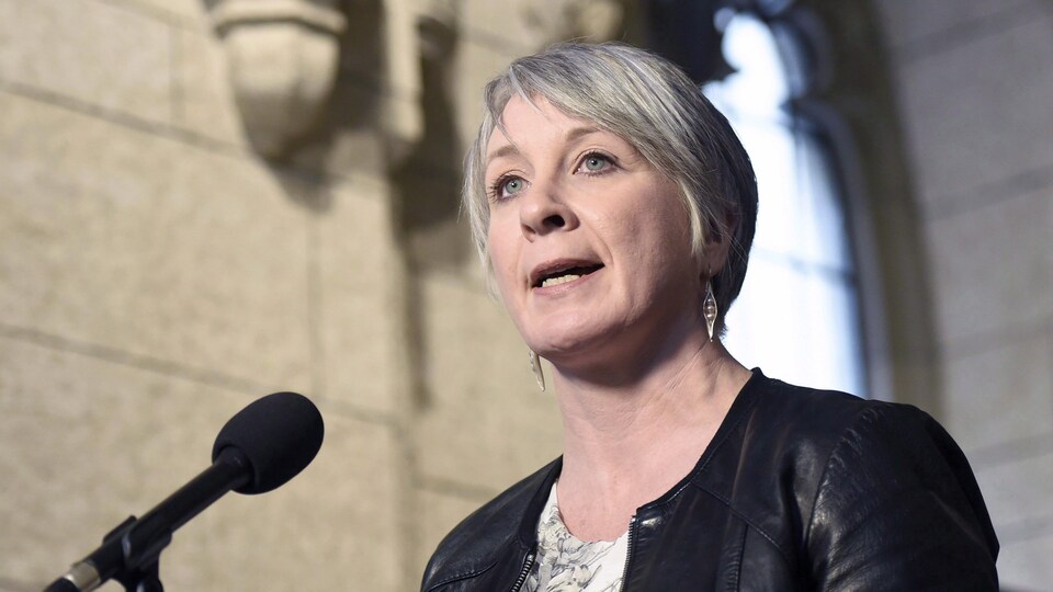 Plan moyen de Patty Hajdu qui parle devant un micro.