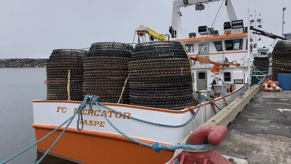 Un bateau amarré est rempli de casiers pour la pêche au crabe.