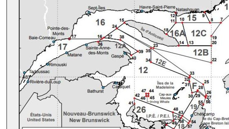 Carte qui délimite des zones de pêches au crabe des neiges.