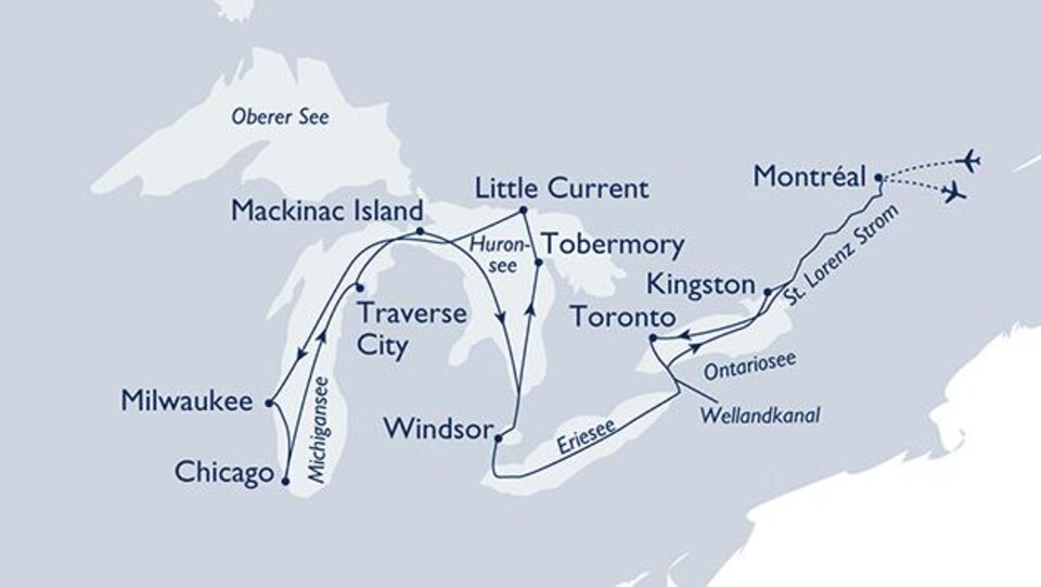 Carte des Grands Lacs. Les escales de la croisiÃ¨re sont indiquÃ©es