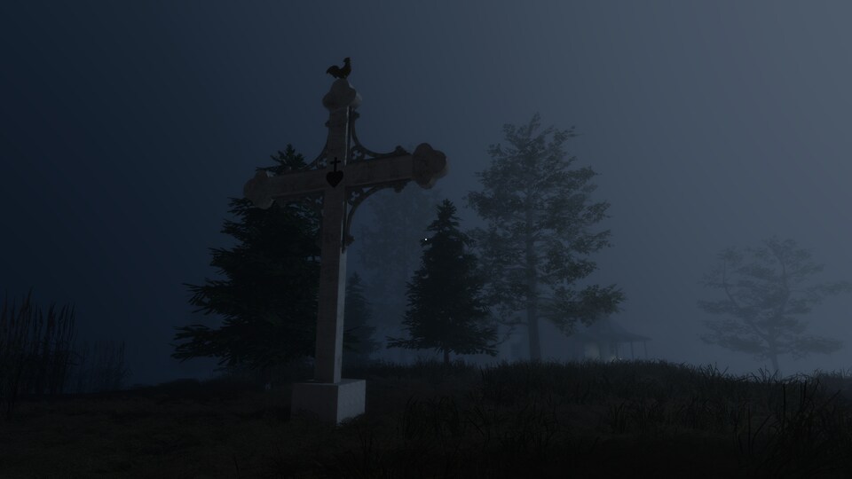 Une immense croix dans un décor rural le soir.