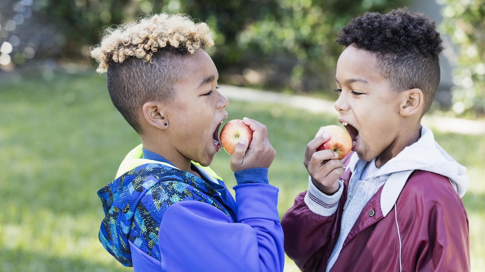 Deux enfants se faisant face mangent chacun une pomme.