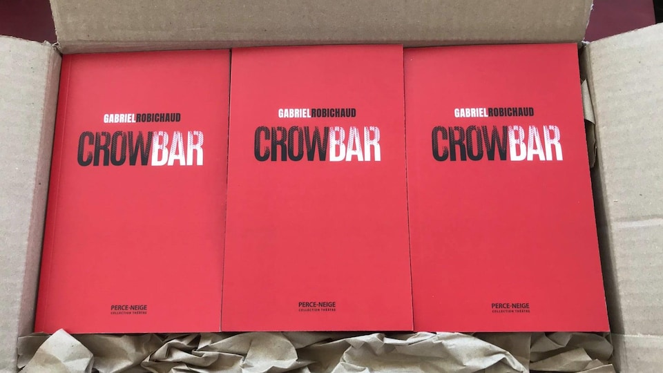 Une boîte comprenant plusieurs exemplaires du livre à la couverture rouge.