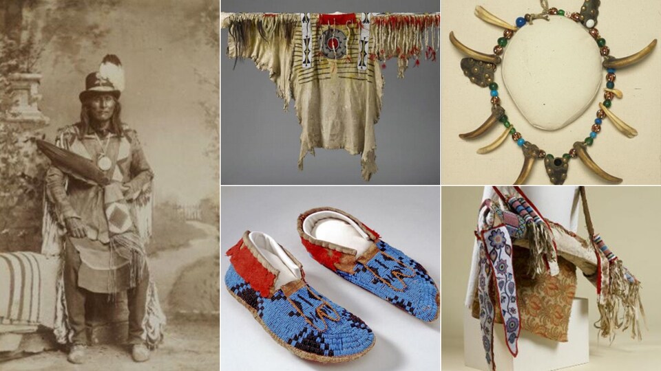 Un collage de photo avec : un collier autochtone, un étuis d'arc, des mocassins, une chemise en daim et le chef Pied-de-Corbeau qui pose en tenue de cérémonie. 