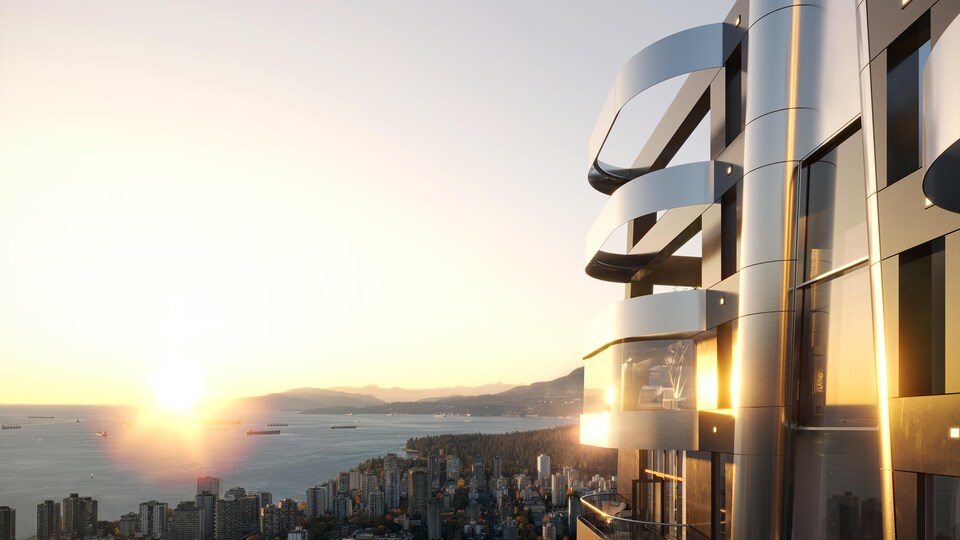 Des balcons au sommet de la tour CURV surplombent la ville de Vancouver lors d'un coucher de soleil. 