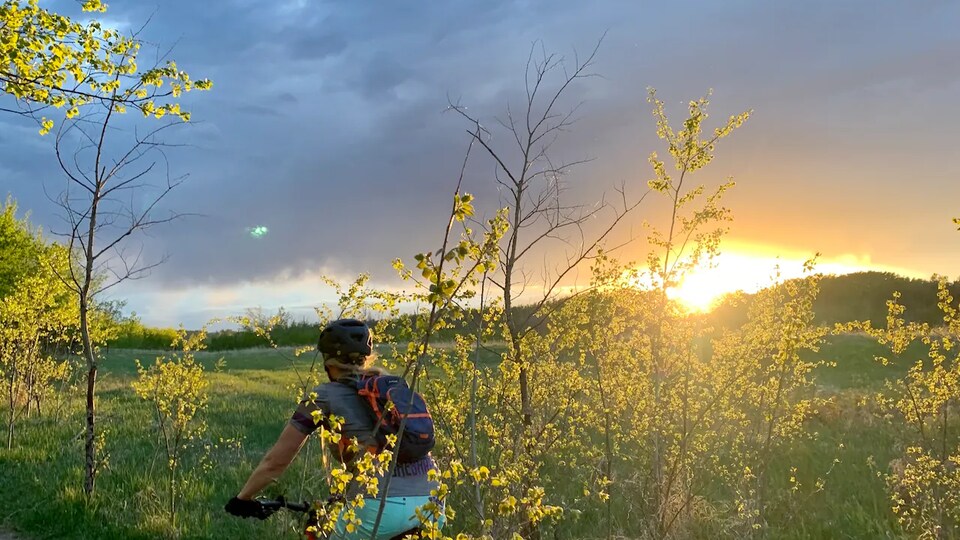 Un cycliste roule sur un chemin dans le parc Terwillegar.