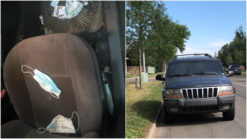 On the left is a photo showing four disposable masks clearly worn in the seat of a car.  On the right, there is a jeep stopped on the road.