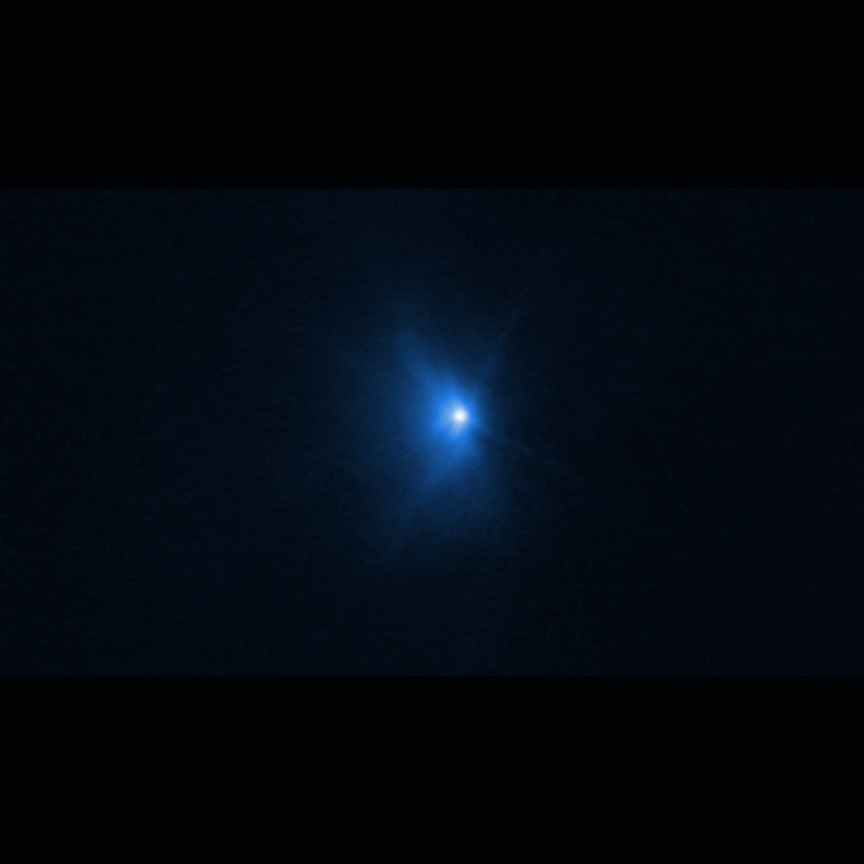 Image captée par le télescope Hubble de l'impact de la sonde DART avec l'astéroïde Dimorphos.