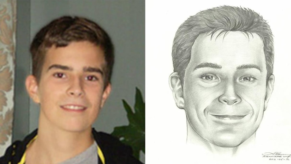 David Fortin au moment de sa disparition et un portrait-robot de lui avec les traits plus vieux.