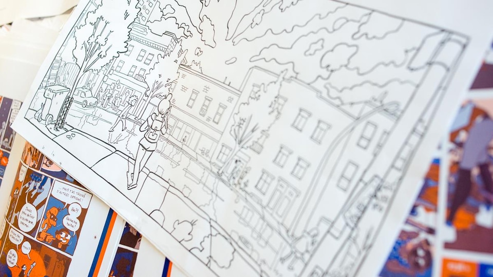 Détail d'une planche de la bande dessinée « De concert », représentant le boulevard Saint-Laurent de nuit.