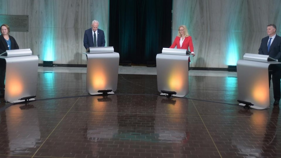De gauche à droite : Michelle Neill (NPD), Peter Bevan-Baker (verts), Sharon Cameron (libéaux) et Dennis King (progressistes-conservateurs) 