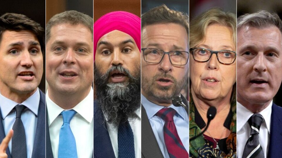 Image montrant Justin Trudeau, Andrew Scheer, Jagmeet Singh, Yves-François Blanchet, Elizabeth May et Maxime Bernier.