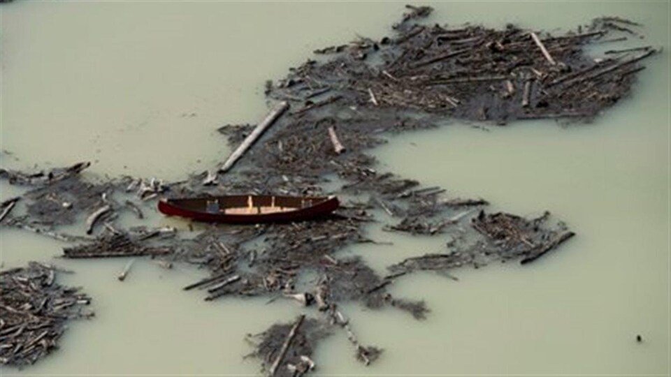 Des débris entraînés par le déversement de la mine se retrouvent dans le lac Polley, en Colombie-Britannique.