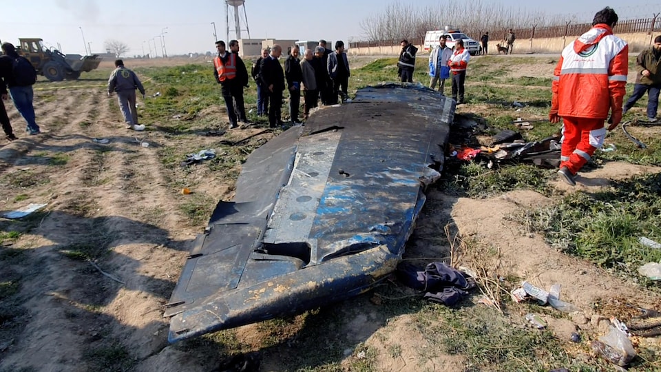 Les débris d'un avion dans un champ.