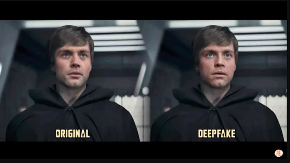 Capture d'écran d'un montage montrant l'image originale et modifiée de Luke Skywalker dans la série «The Madalorian».