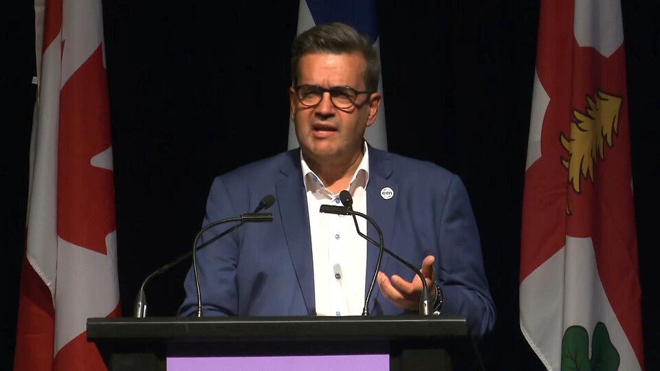 Denis Coderre sur scène, derrière un lutrin, devant les drapeaux du Canada, du Québec et de Montréal.