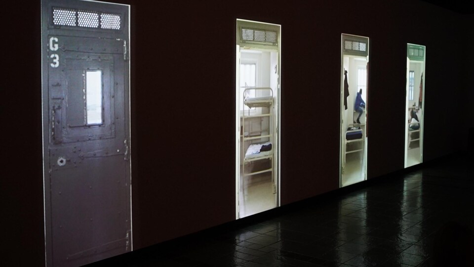 Quatre portes de cellules de prison représentées en vidéo.