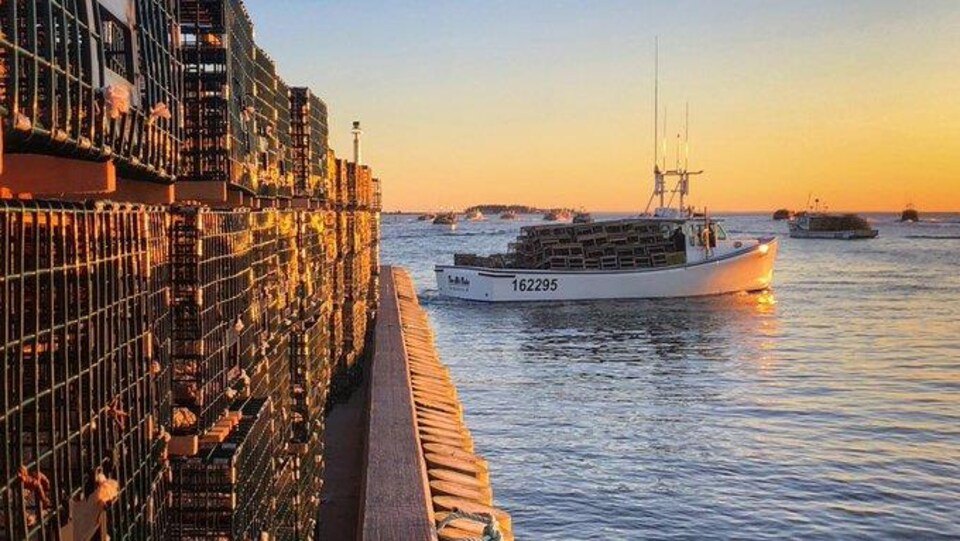 Un bateau de pêche chargé de casiers passe devant un quai également chargé de casiers.