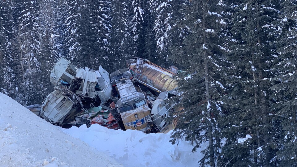 Une locomotive et des wagons sont empilés les uns sur les autres dans un banc de neige, près d'une forêt. 