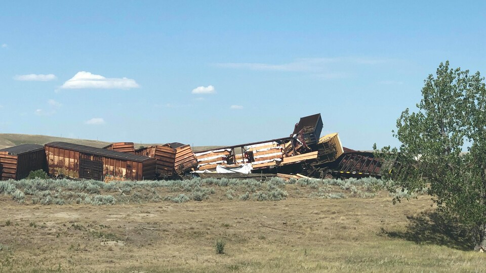 Des wagons de train couchés par terre.