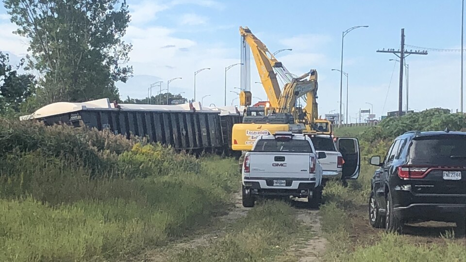 Des grues remettent des wagons sur les rails.
