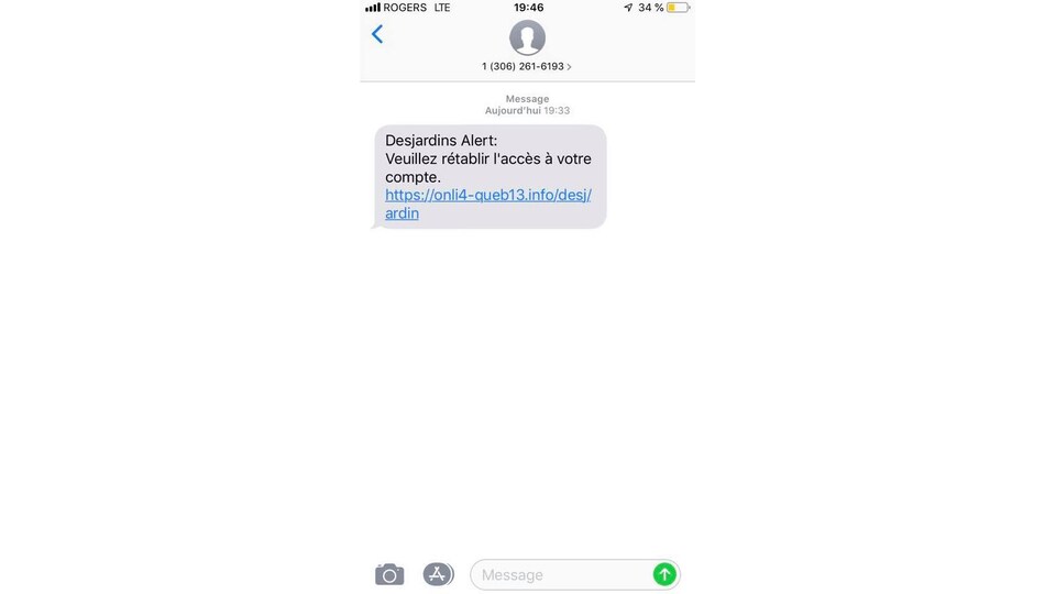 Une capture d'écran d'un message texte frauduleux semblant provenir de Desjardins.