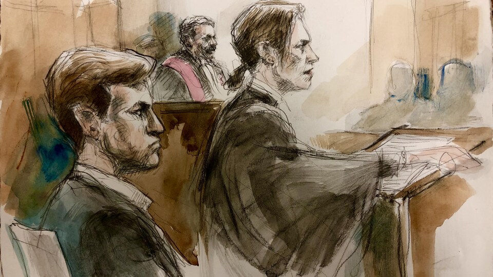 Dessin de la scène du tribunal, un homme est assis avec une femme debout près et de lui et un autre homme assis en habit de juge en arrière plan. 
