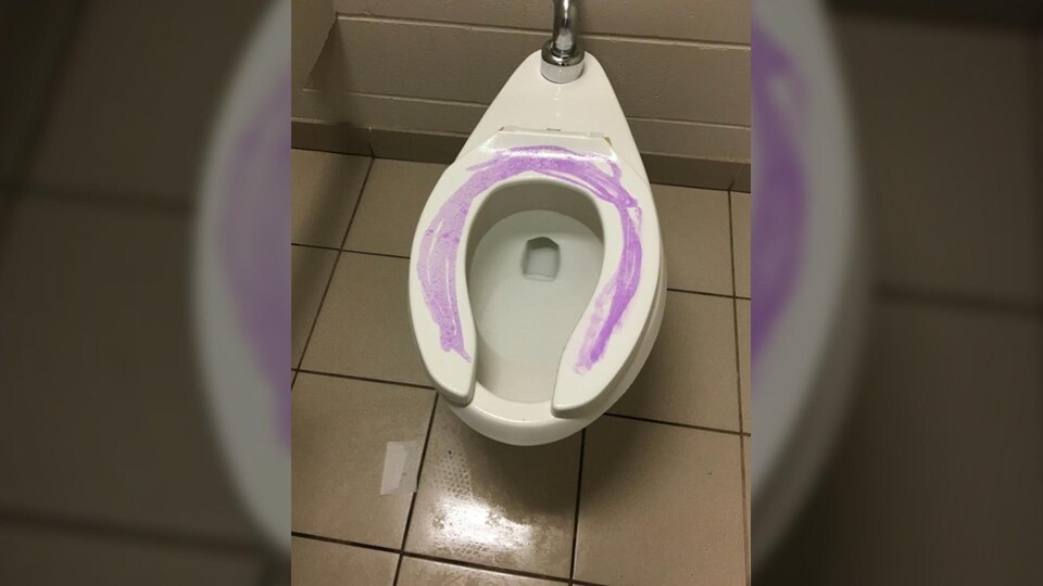 Un bol de toilette recouvert d'une substance mauve qui ressemble à de la colle.